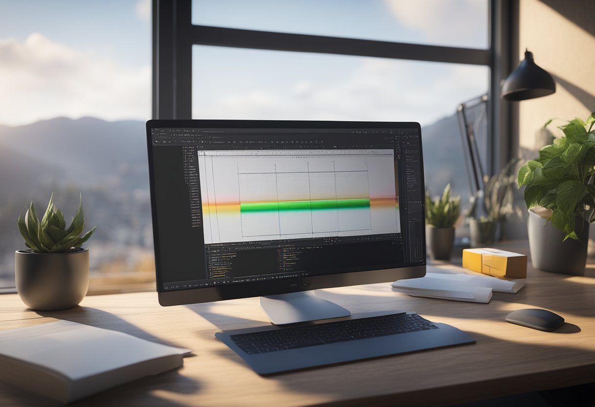 A computer screen with a code editor open, showing HTML and CSS code for creating a gradient line. The code includes the necessary properties and values for customizing the gradient