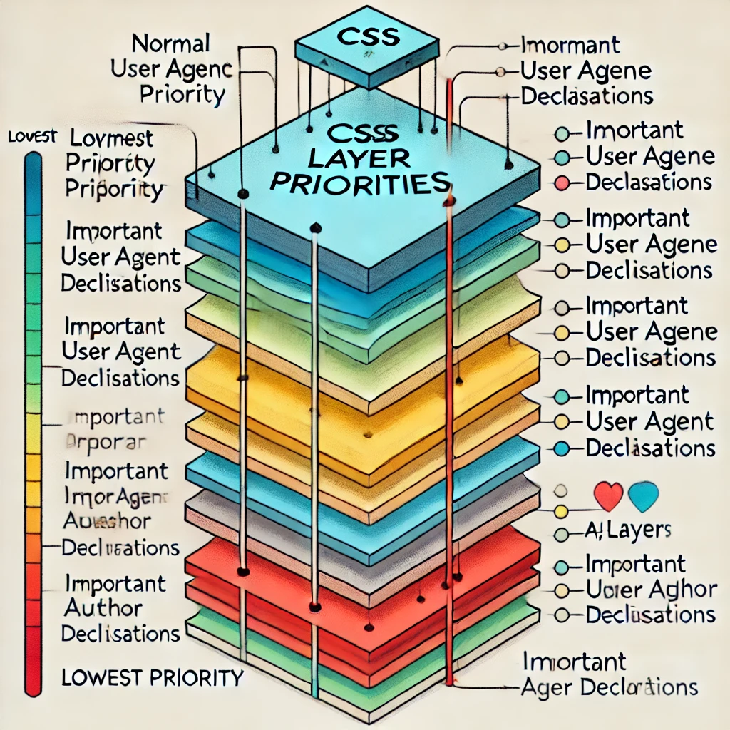 Styles declared in higher layers (such as Layer N) will override those in lower layers (like Layer 1), regardless of where they appear in the stylesheet.