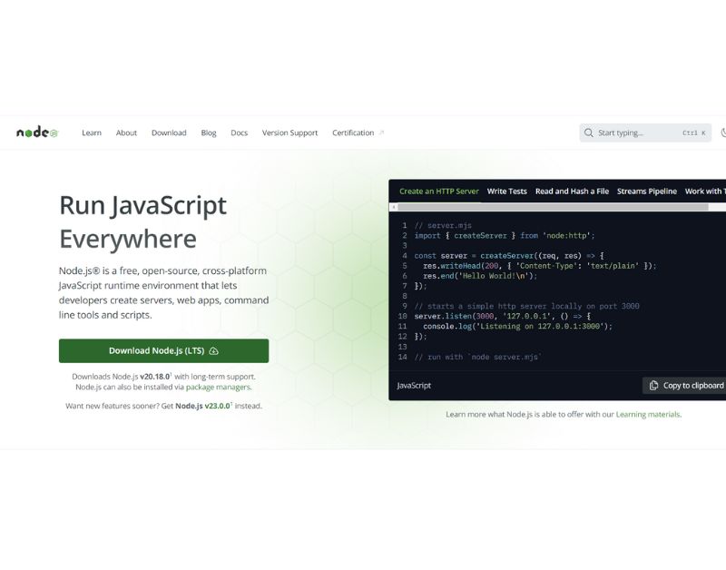 Node.js allows developers to run JavaScript on the server side. Its asynchronous, non-blocking architecture is perfect for building scalable and fast applications, from simple web apps to complex enterprise solutions.