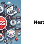 A modern flat-design illustration showcasing a server-side application architecture with interconnected nodes and a "NestJS" logo prominently displayed. Include icons representing TypeScript, APIs, and modular programming to emphasize NestJS features.