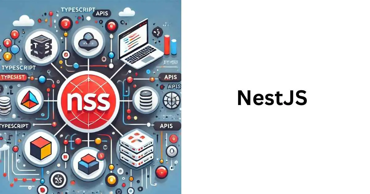 A modern flat-design illustration showcasing a server-side application architecture with interconnected nodes and a "NestJS" logo prominently displayed. Include icons representing TypeScript, APIs, and modular programming to emphasize NestJS features.