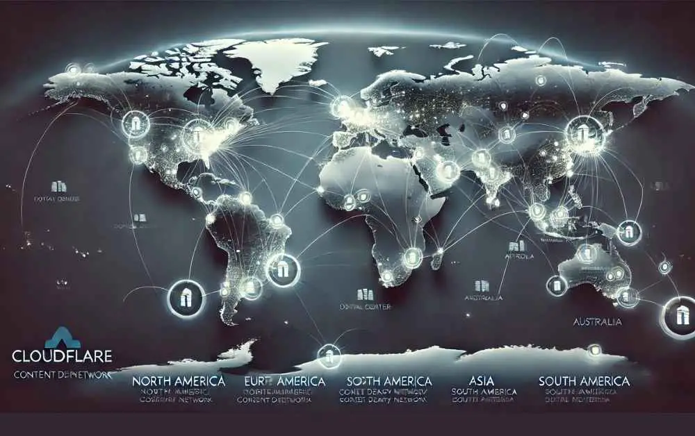 Global map showing Cloudflare's content delivery network distribution.

