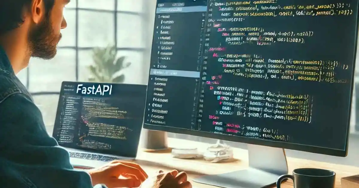 A developer working on a FastAPI project, showcasing the simplicity and speed of building APIs with Python.