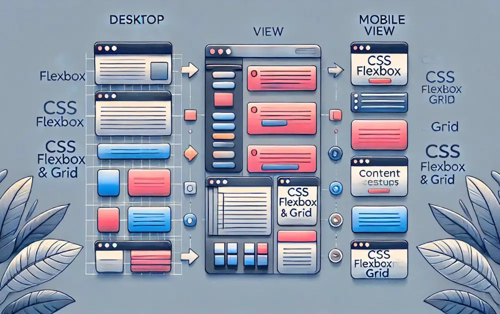 A web page layout transforming from desktop to mobile view using Flexbox and Grid