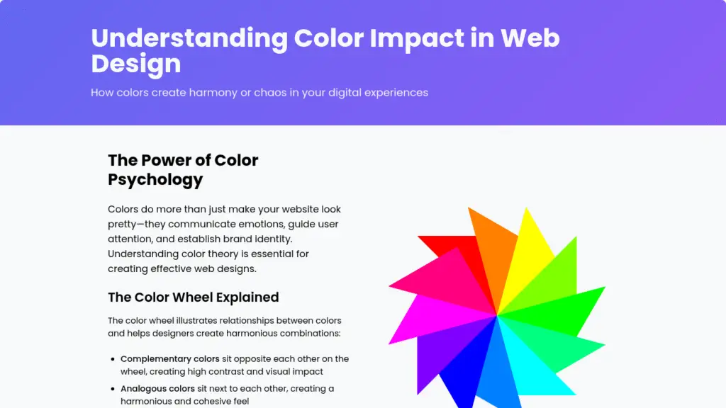 Colors significantly impact web design by creating harmony or chaos. The color wheel is a key tool, featuring primary, secondary, and tertiary colors. Primary colors (red, blue, yellow) create secondary colors (green, orange, purple) when mixed. Tertiary colors emerge from combining primary and adjacent secondary hues.