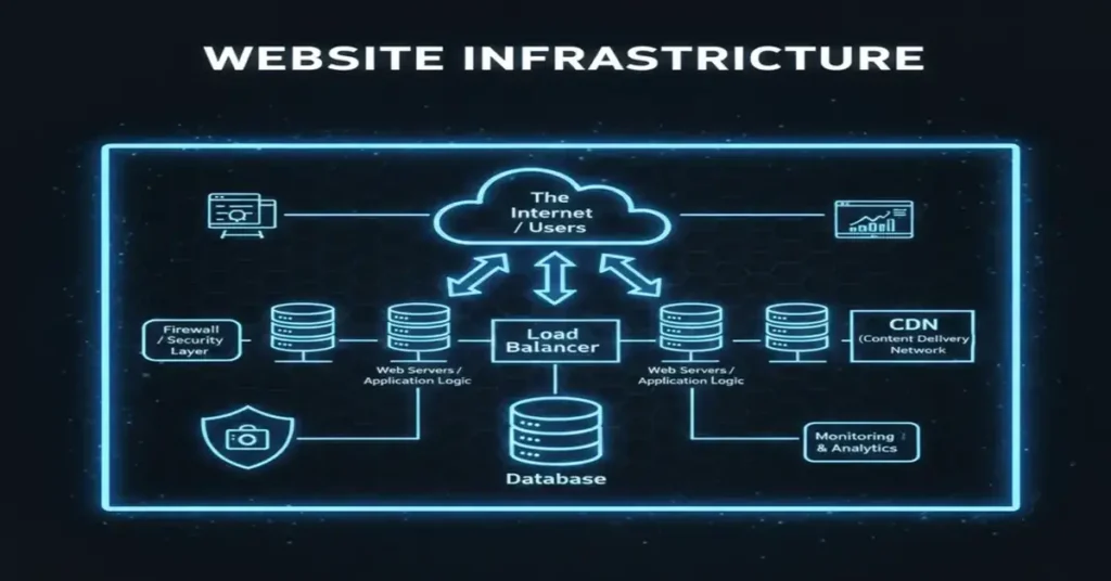 Website infrastructure is not just a hosting decision. It is the complete technical backbone that decides how fast a site loads, how it handles traffic, how secure it is, and how well it performs in search engines. Most website problems—downtime, ranking drops, revenue loss—start from weak or poorly planned infrastructure.