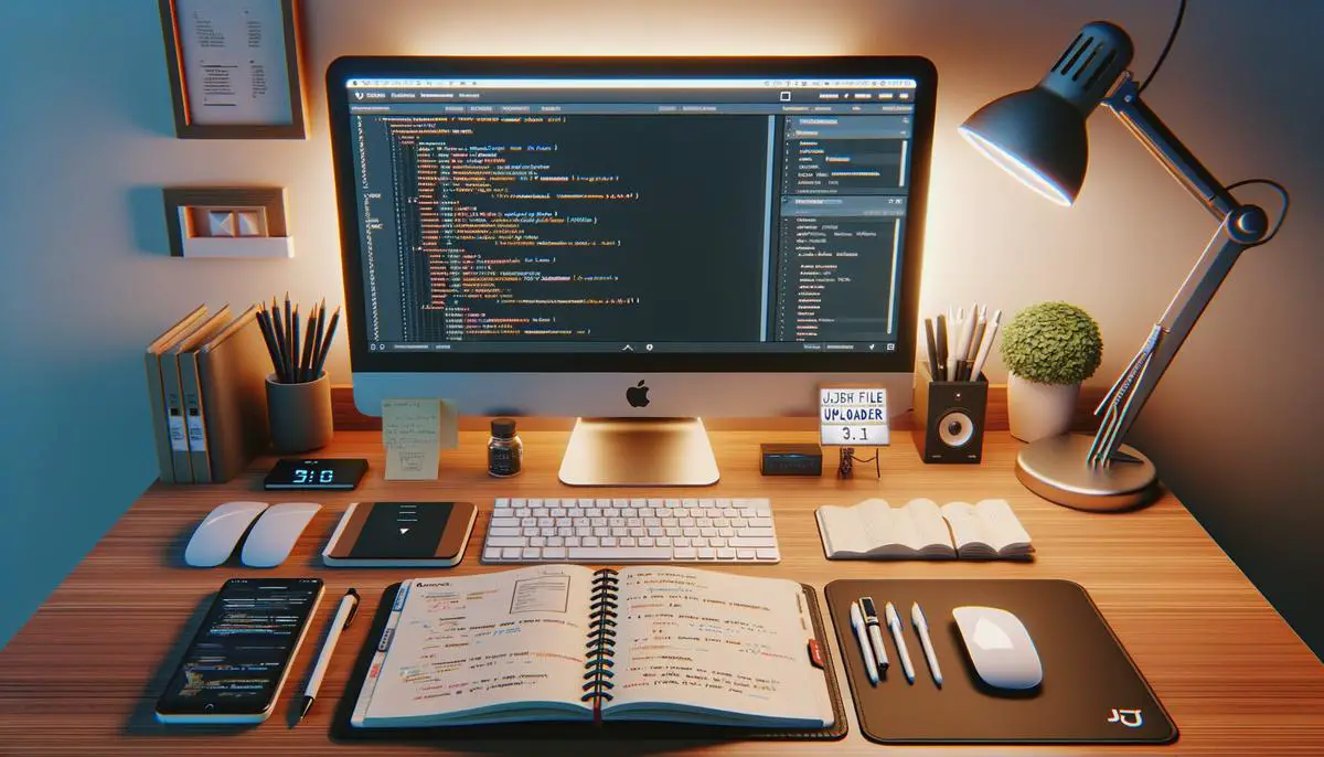 image of a well-organized workspace with a computer and notebook for a jQuery File Uploader project