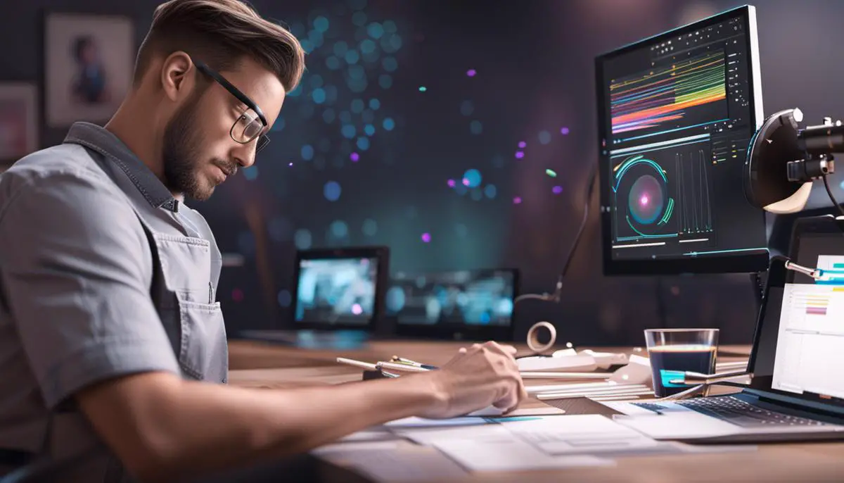Illustration of an artist using Adobe After Effects to create animations