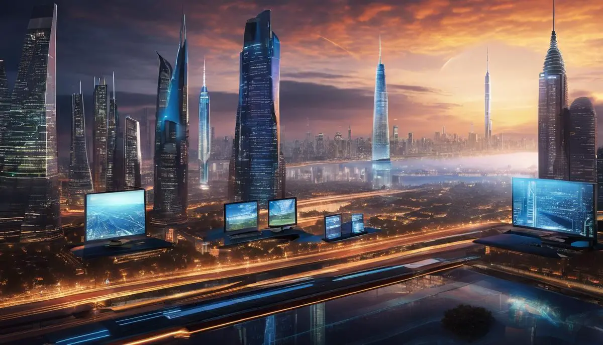 Illustration of a futuristic cityscape with a computer screen displaying code to represent the future of JDK development.