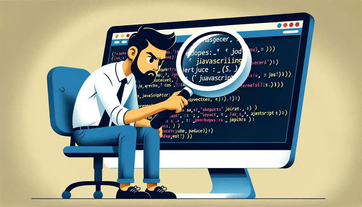 An image depicting a web developer analyzing code on a computer screen, with a magnifying glass focusing on a suspicious line of JavaScript code